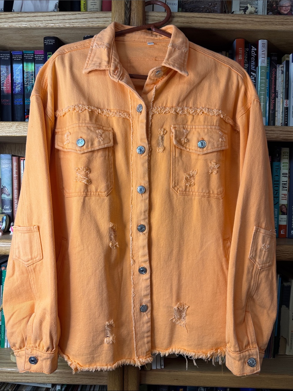 Orange Distressed Denim Jean Button-Up Shirt Jacket